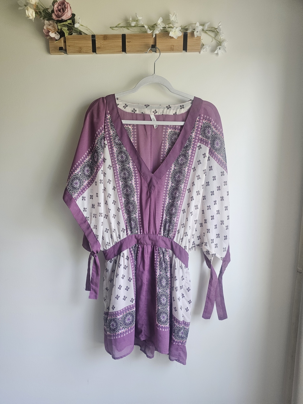 Free People Purple & White Boho Kimono Mini Dress Size Xs